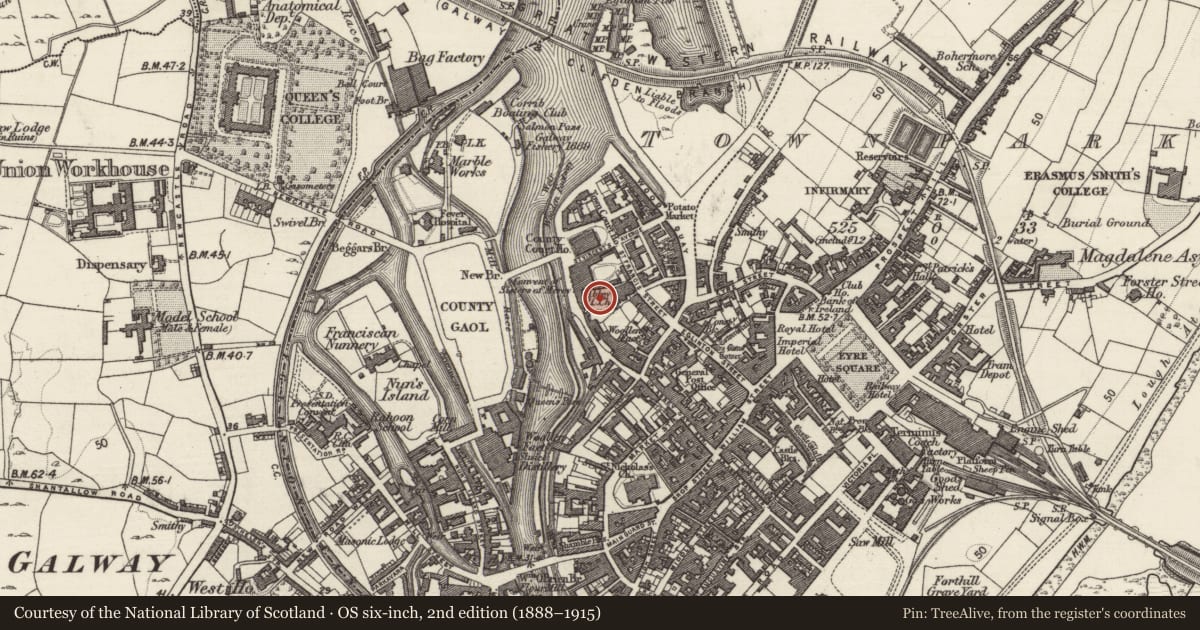 Ordnance Survey six-inch map, 2nd edition (1888–1915) covering the location of Graveslab, Townparks (Galway By., St. Nicholas Par.), County Galway, with a pin at the register's coordinates