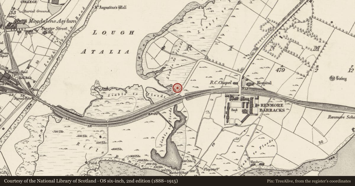 Ordnance Survey six-inch map, 2nd edition (1888–1915) covering the location of Fulacht fia, Rinmore, County Galway, with a pin at the register's coordinates