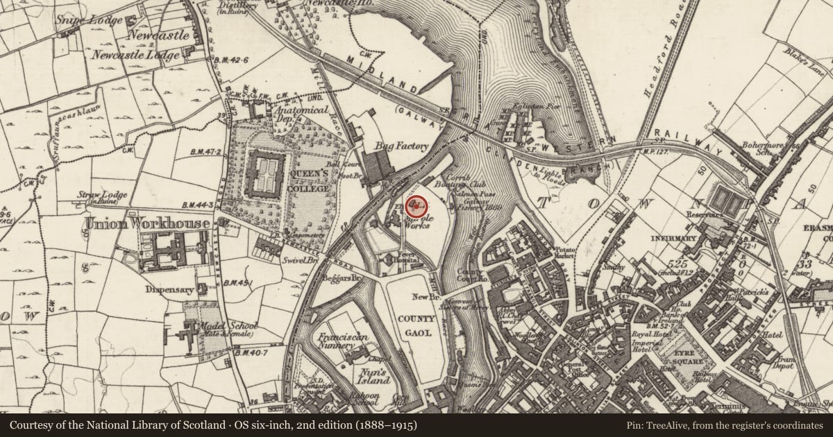 Ordnance Survey six-inch map, 2nd edition (1888–1915) covering the location of Kiln - lime, Townparks (Galway By., St. Nicholas Par.), County Galway, with a pin at the register's coordinates