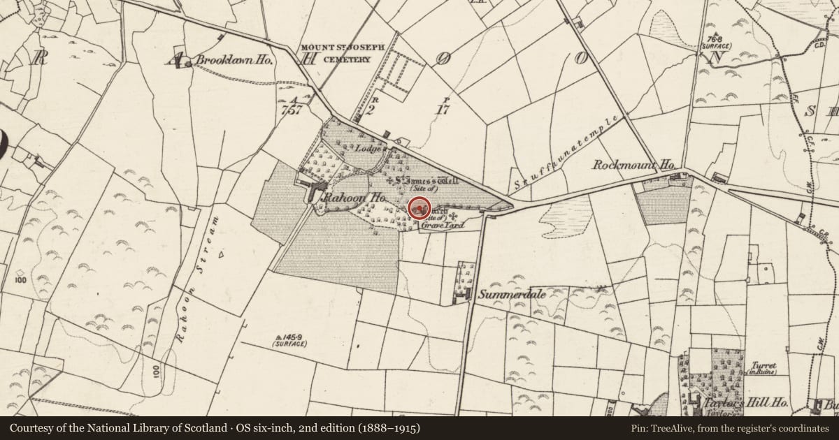 Ordnance Survey six-inch map, 2nd edition (1888–1915) covering the location of Enclosure, Rahoon, County Galway, with a pin at the register's coordinates