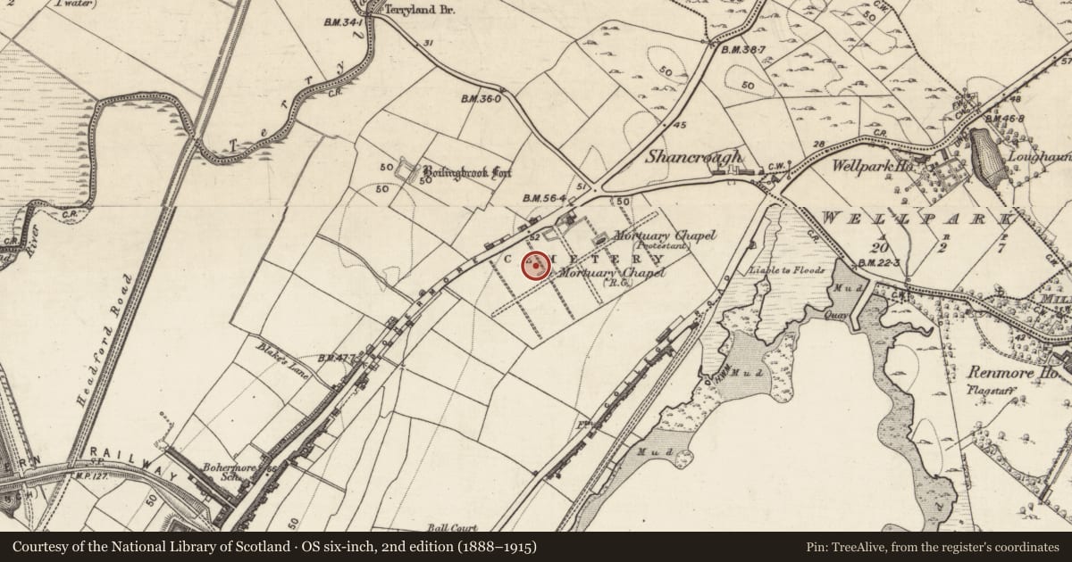 Ordnance Survey six-inch map, 2nd edition (1888–1915) covering the location of Bastioned fort, Townparks (Galway By., St. Nicholas Par.), County Galway, with a pin at the register's coordinates