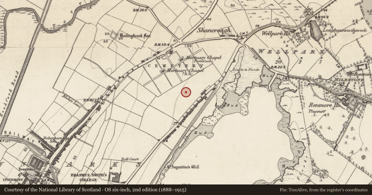 Ordnance Survey six-inch map, 2nd edition (1888–1915) covering the location of Bastioned fort, Townparks (Galway By., St. Nicholas Par.), County Galway, with a pin at the register's coordinates
