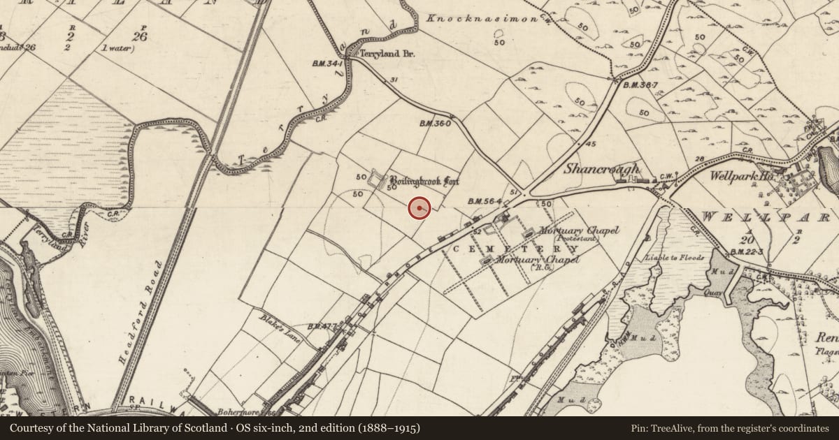 Ordnance Survey six-inch map, 2nd edition (1888–1915) covering the location of Earthwork, Townparks (Galway By., St. Nicholas Par.), County Galway, with a pin at the register's coordinates