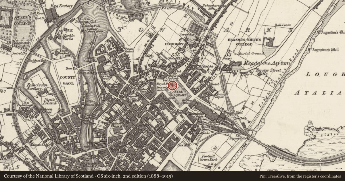 Ordnance Survey six-inch map, 2nd edition (1888–1915) covering the location of Architectural feature, Townparks (Galway By., St. Nicholas Par.), County Galway, with a pin at the register's coordinates