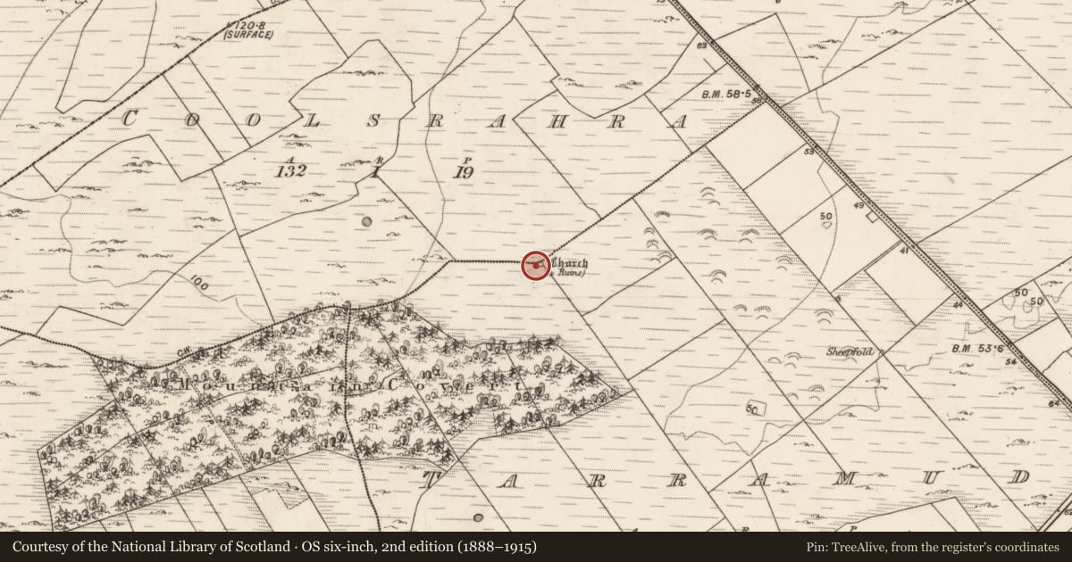 Ordnance Survey six-inch map, 2nd edition (1888–1915) covering the location of Church, Tarramud, County Galway, with a pin at the register's coordinates