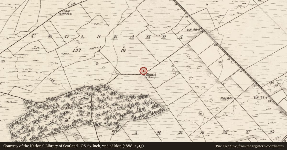 Ordnance Survey six-inch map, 2nd edition (1888–1915) covering the location of Ecclesiastical enclosure, Coolsrahra, Tarramud, County Galway, with a pin at the register's coordinates