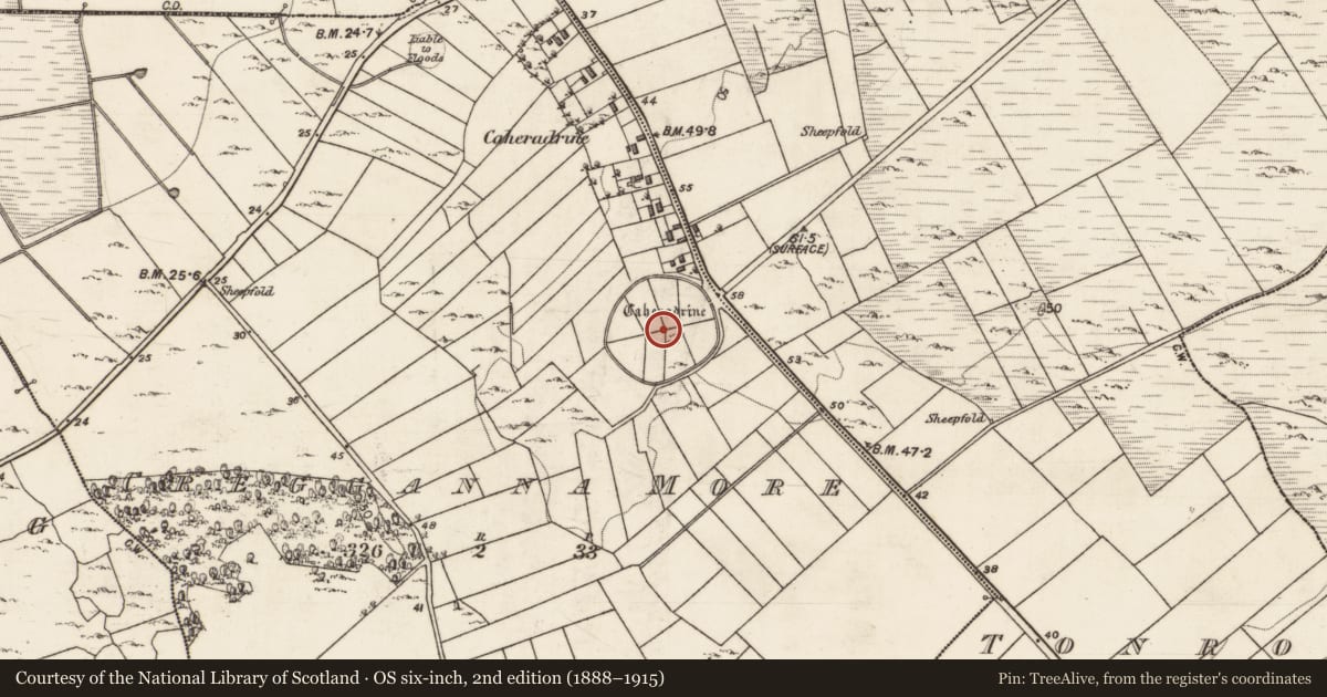 Ordnance Survey six-inch map, 2nd edition (1888–1915) covering the location of Ecclesiastical enclosure, Cregganna More, County Galway, with a pin at the register's coordinates