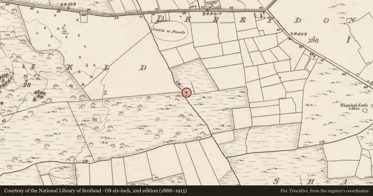 Ordnance Survey six-inch map, 2nd edition (1888–1915) covering the location of Enclosure, Derrydonnell Beg, County Galway, with a pin at the register's coordinates