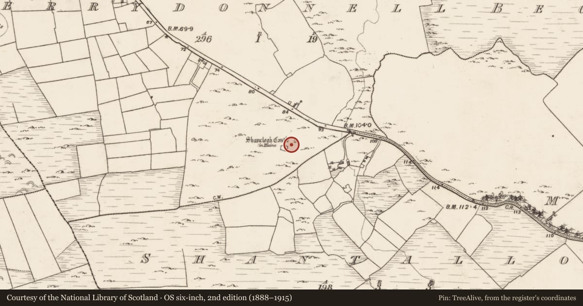 Ordnance Survey six-inch map, 2nd edition (1888–1915) covering the location of Bawn, Derrydonnell Beg, County Galway, with a pin at the register's coordinates
