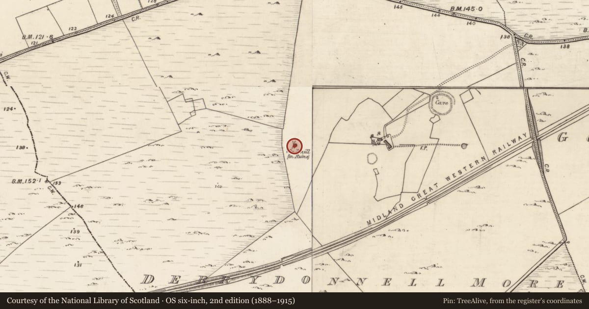 Ordnance Survey six-inch map, 2nd edition (1888–1915) covering the location of Windmill, Derrydonnell More, County Galway, with a pin at the register's coordinates