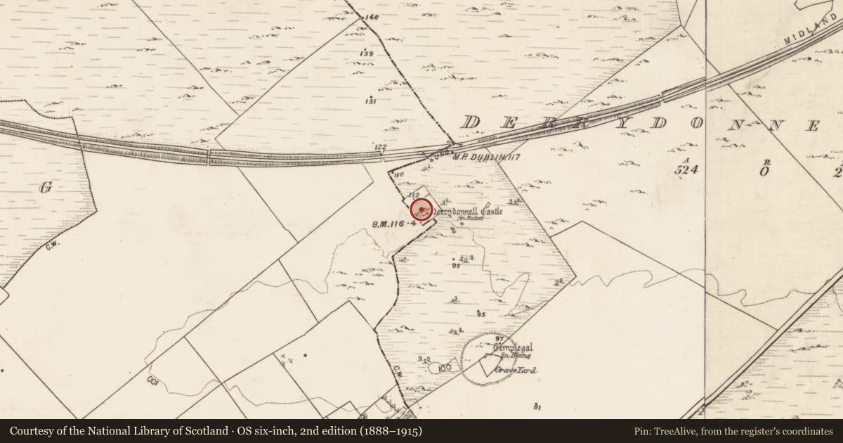 Ordnance Survey six-inch map, 2nd edition (1888–1915) covering the location of Bawn, Derrydonnell More, County Galway, with a pin at the register's coordinates