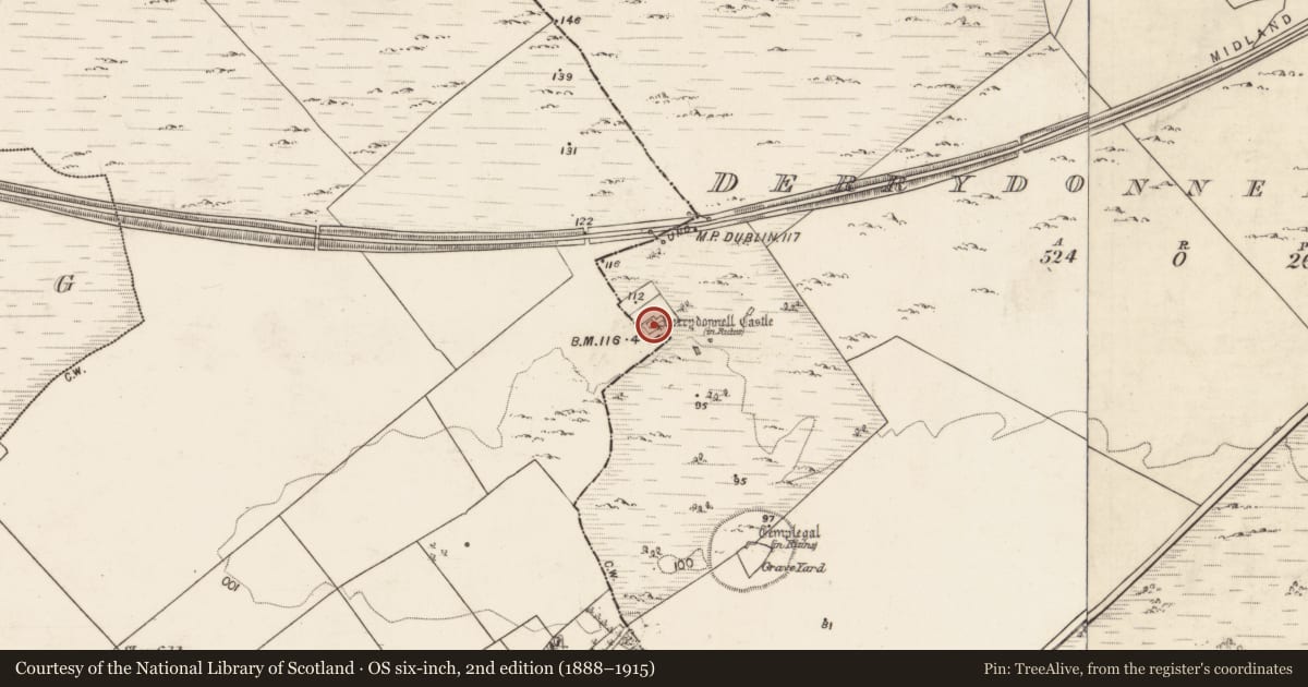 Ordnance Survey six-inch map, 2nd edition (1888–1915) covering the location of Building, Derrydonnell More, County Galway, with a pin at the register's coordinates