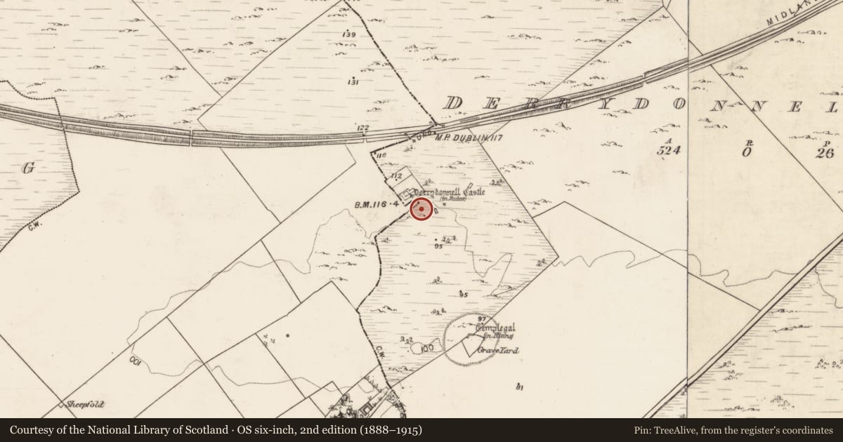 Ordnance Survey six-inch map, 2nd edition (1888–1915) covering the location of Settlement deserted - medieval, Derrydonnell More, Moyveela, County Galway, with a pin at the register's coordinates