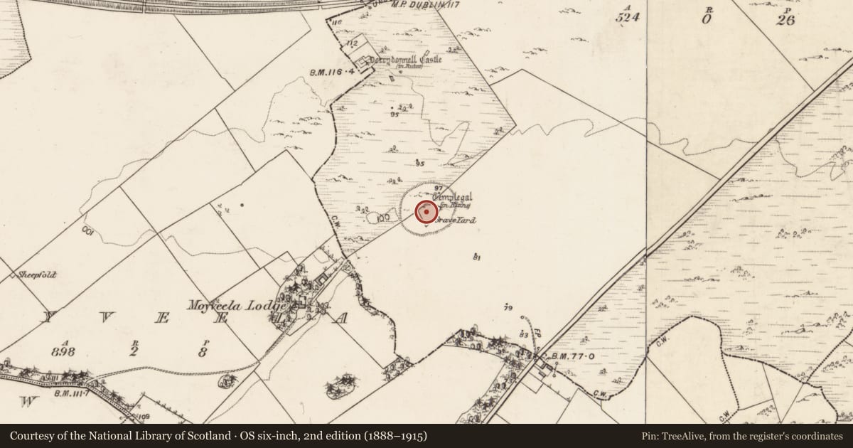 Ordnance Survey six-inch map, 2nd edition (1888–1915) covering the location of Ecclesiastical enclosure, Derrydonnell More, County Galway, with a pin at the register's coordinates