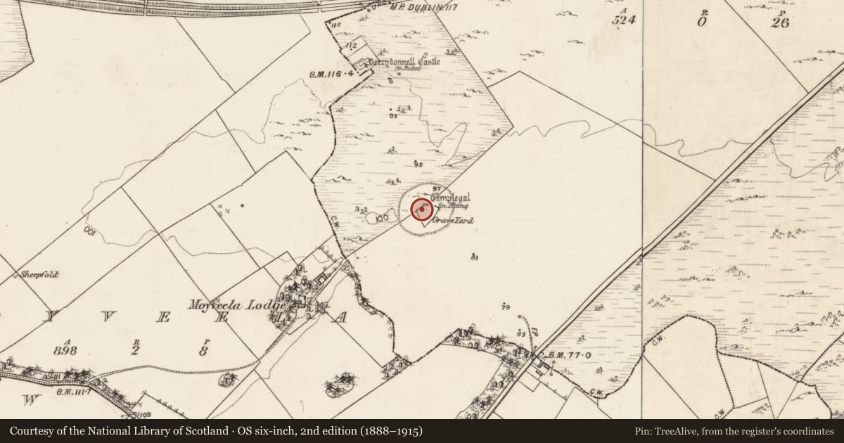 Ordnance Survey six-inch map, 2nd edition (1888–1915) covering the location of Church, Derrydonnell More, County Galway, with a pin at the register's coordinates