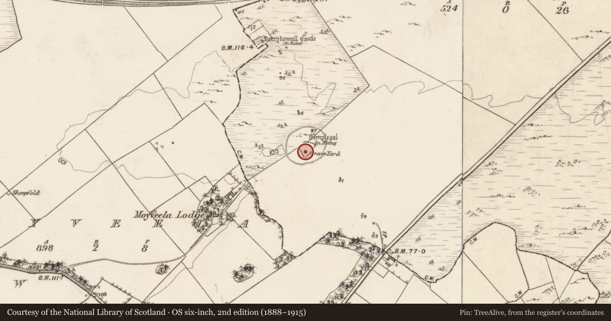 Ordnance Survey six-inch map, 2nd edition (1888–1915) covering the location of Graveyard, Derrydonnell More, County Galway, with a pin at the register's coordinates