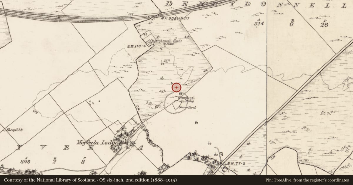 Ordnance Survey six-inch map, 2nd edition (1888–1915) covering the location of Bullaun stone, Derrydonnell More, County Galway, with a pin at the register's coordinates