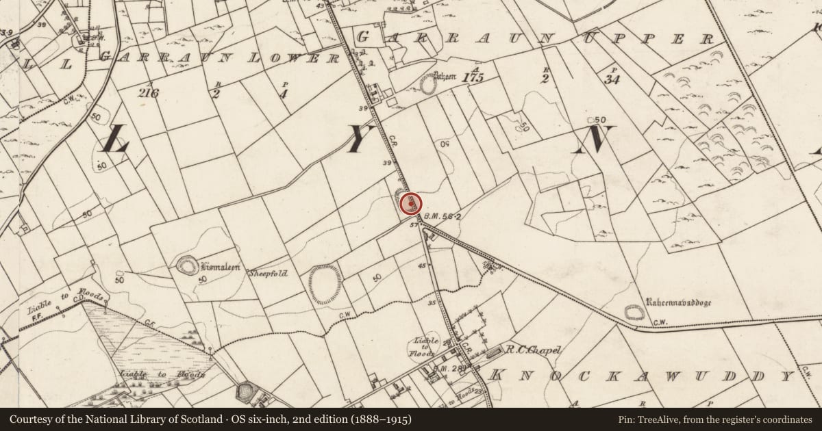 Ordnance Survey six-inch map, 2nd edition (1888–1915) covering the location of Souterrain, Garraun Lower, Garraun Upper, County Galway, with a pin at the register's coordinates