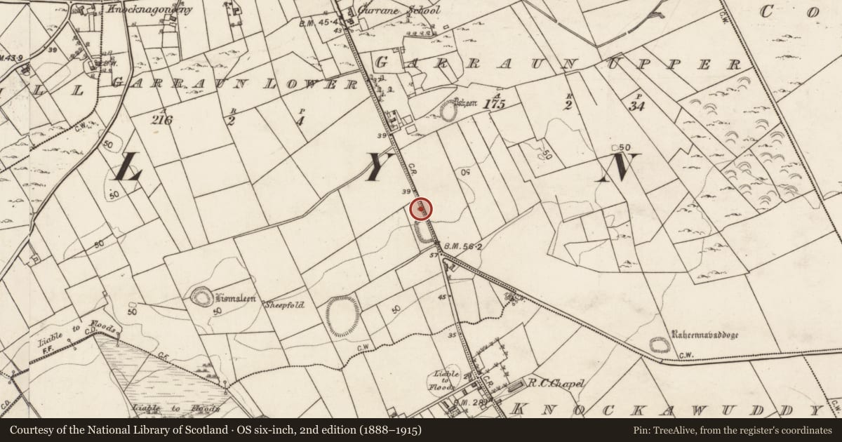 Ordnance Survey six-inch map, 2nd edition (1888–1915) covering the location of Ritual site - holy well, Garraun Lower, County Galway, with a pin at the register's coordinates