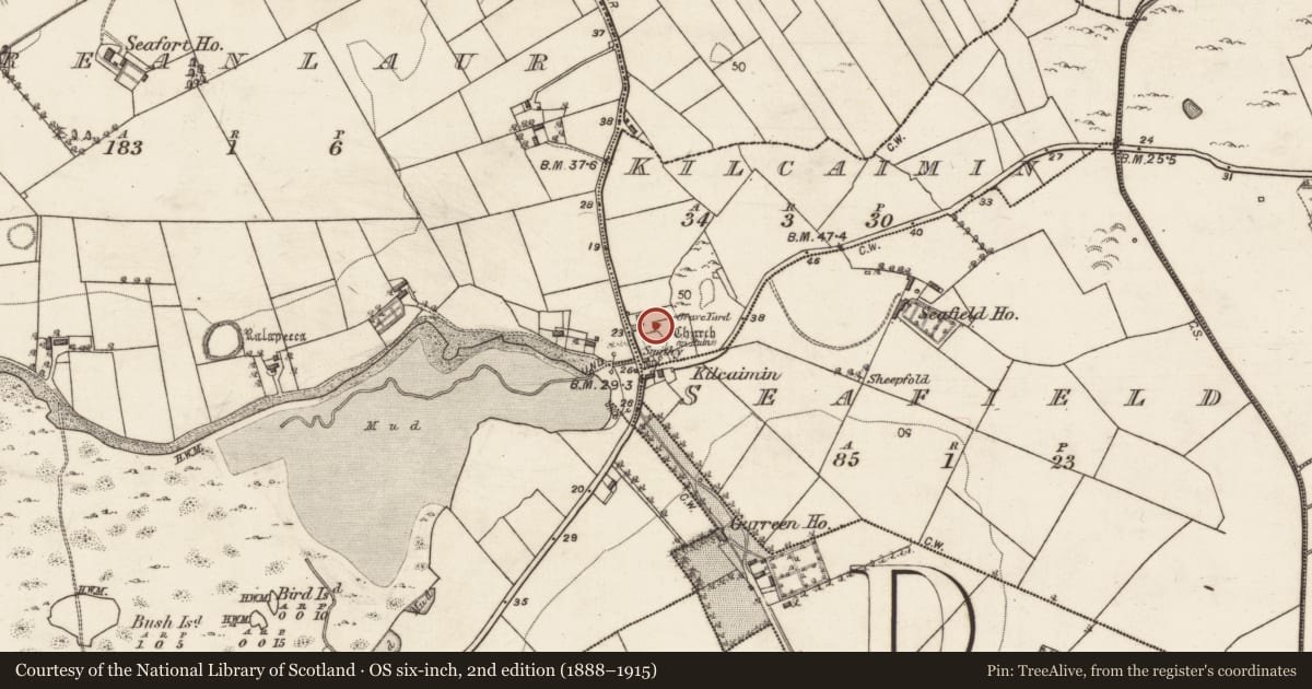 Ordnance Survey six-inch map, 2nd edition (1888–1915) covering the location of Church, Kilcaimin, County Galway, with a pin at the register's coordinates
