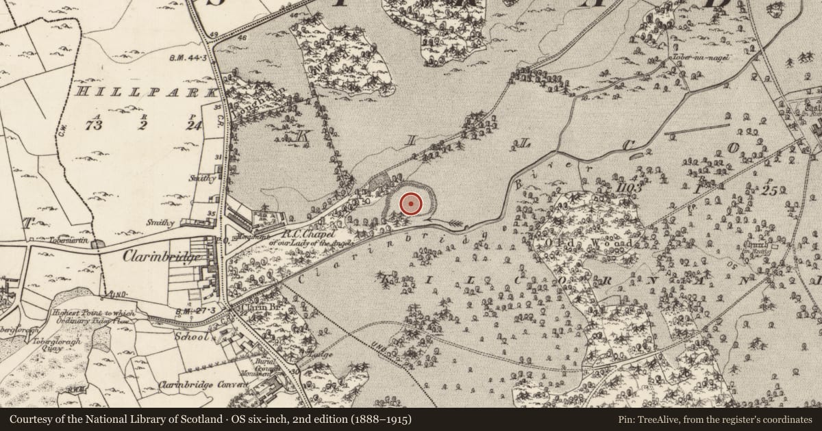 Ordnance Survey six-inch map, 2nd edition (1888–1915) covering the location of Enclosure - large enclosure, Kilcornan, County Galway, with a pin at the register's coordinates