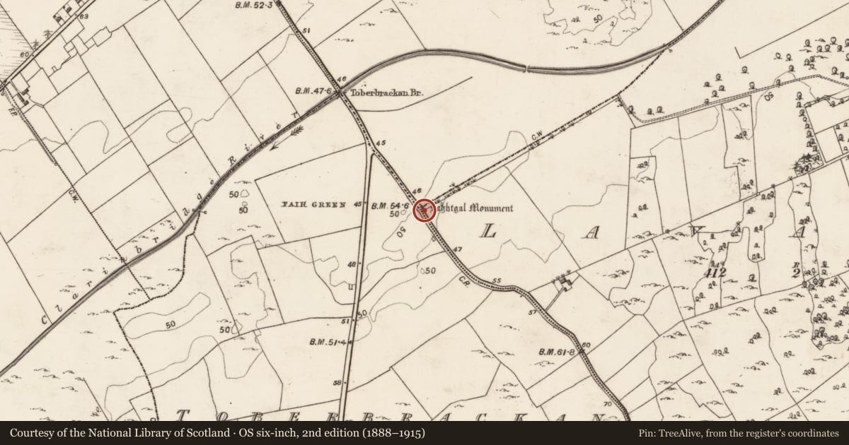 Ordnance Survey six-inch map, 2nd edition (1888–1915) covering the location of Leacht cuimhne, Ballinillaun, County Galway, with a pin at the register's coordinates