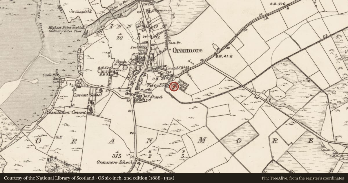 Ordnance Survey six-inch map, 2nd edition (1888–1915) covering the location of Brewery, Oran Beg, County Galway, with a pin at the register's coordinates