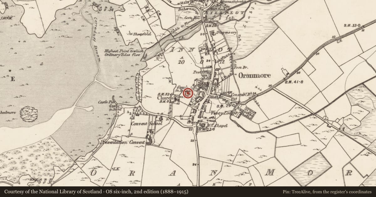Ordnance Survey six-inch map, 2nd edition (1888–1915) covering the location of Church, Oran More, County Galway, with a pin at the register's coordinates