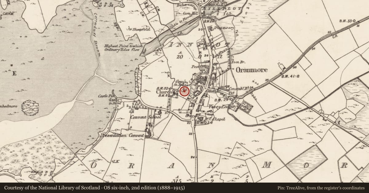 Ordnance Survey six-inch map, 2nd edition (1888–1915) covering the location of Graveyard, Oran More, County Galway, with a pin at the register's coordinates