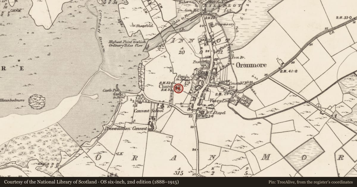 Ordnance Survey six-inch map, 2nd edition (1888–1915) covering the location of Church, Oran More, County Galway, with a pin at the register's coordinates