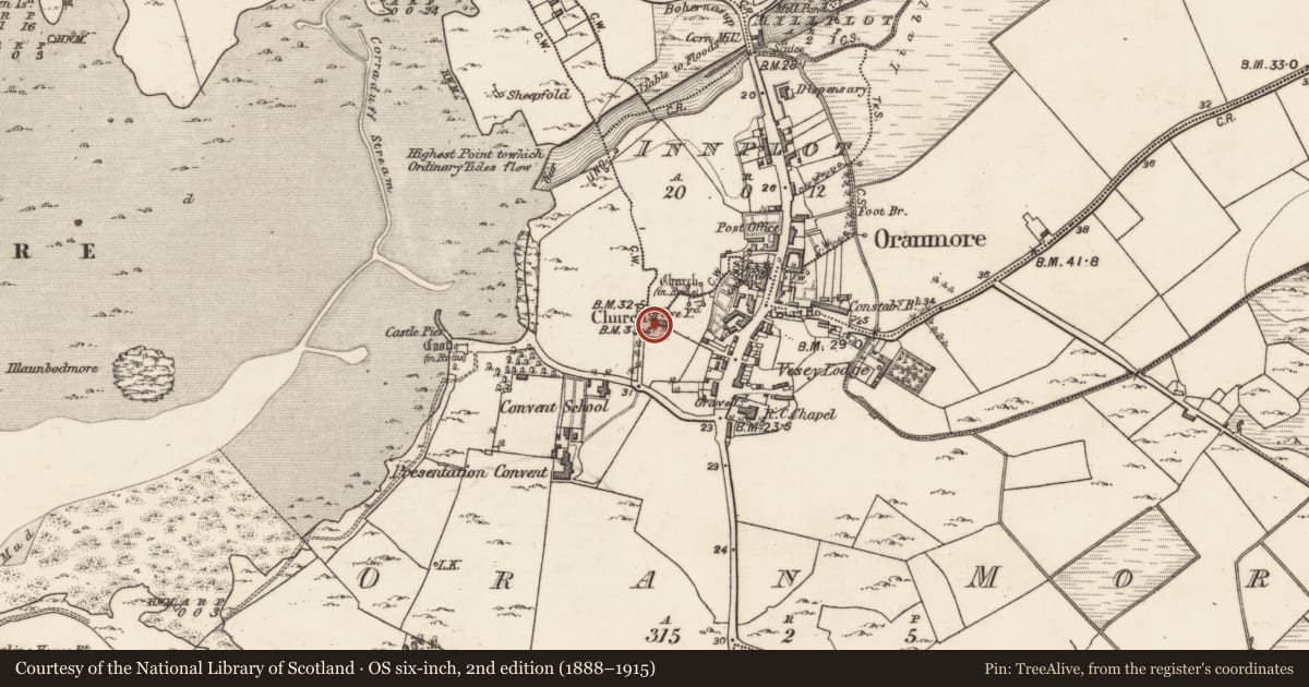 Ordnance Survey six-inch map, 2nd edition (1888–1915) covering the location of Graveyard, Oran More, County Galway, with a pin at the register's coordinates