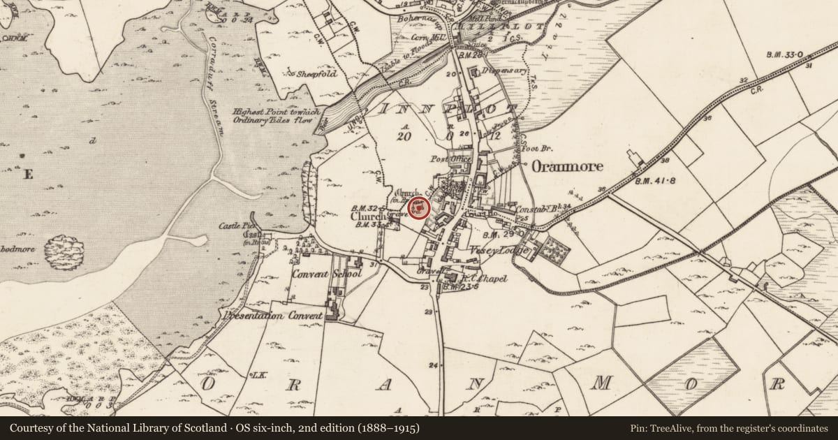Ordnance Survey six-inch map, 2nd edition (1888–1915) covering the location of Graveslab, Oran More, County Galway, with a pin at the register's coordinates