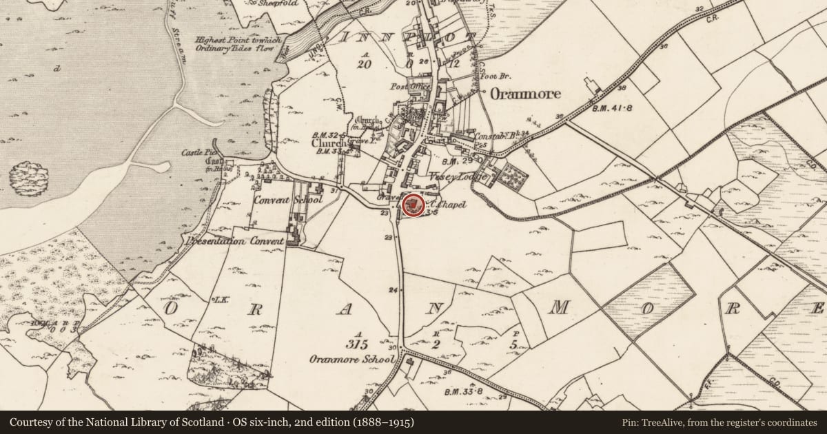 Ordnance Survey six-inch map, 2nd edition (1888–1915) covering the location of Church, Oran More, County Galway, with a pin at the register's coordinates