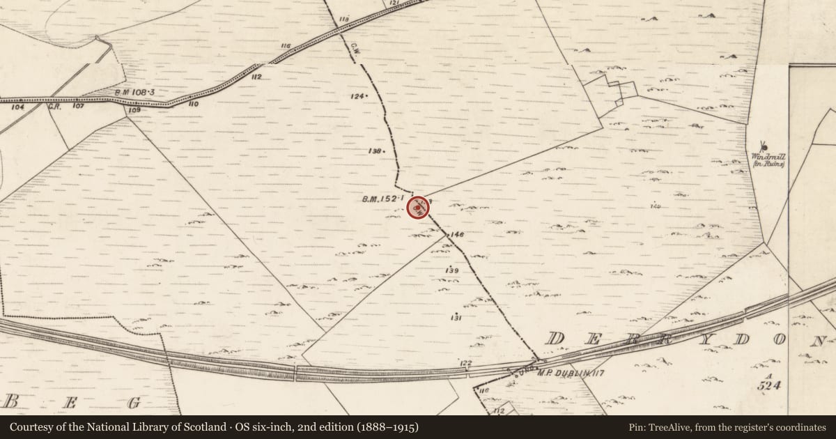 Ordnance Survey six-inch map, 2nd edition (1888–1915) covering the location of Enclosure, Derrydonnell More, Moyveela, County Galway, with a pin at the register's coordinates