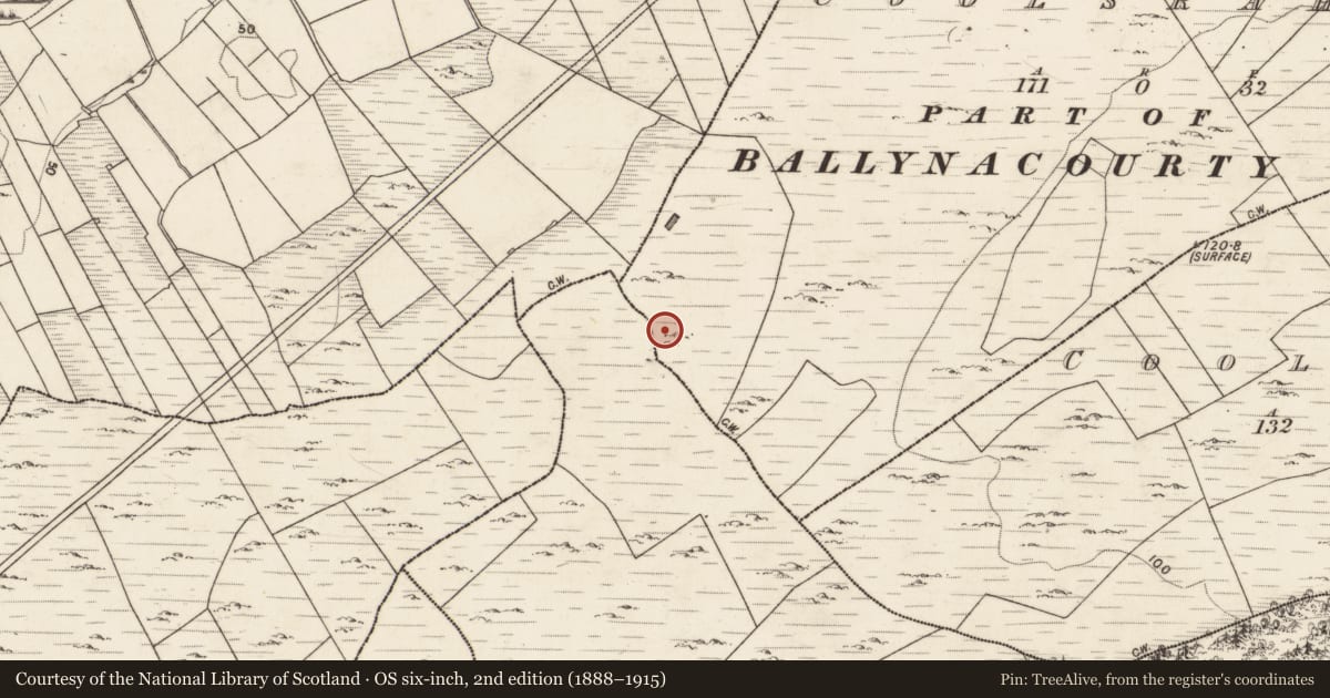 Ordnance Survey six-inch map, 2nd edition (1888–1915) covering the location of Mound, Coolsrahra, County Galway, with a pin at the register's coordinates