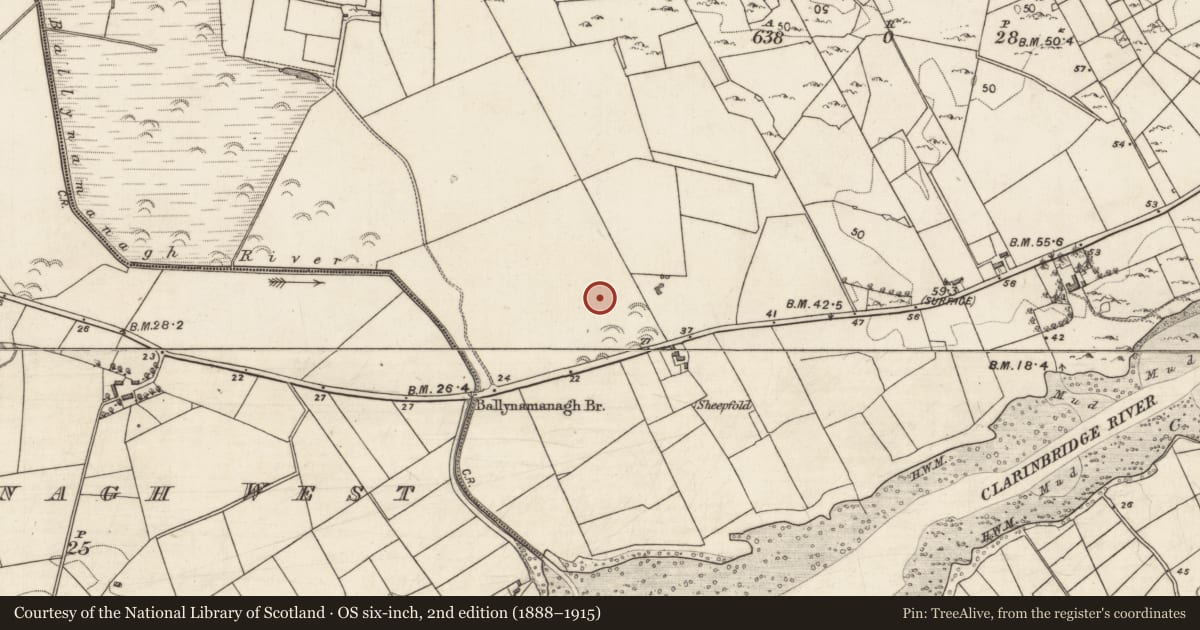 Ordnance Survey six-inch map, 2nd edition (1888–1915) covering the location of Fulacht fia, Ballynamanagh East, County Galway, with a pin at the register's coordinates
