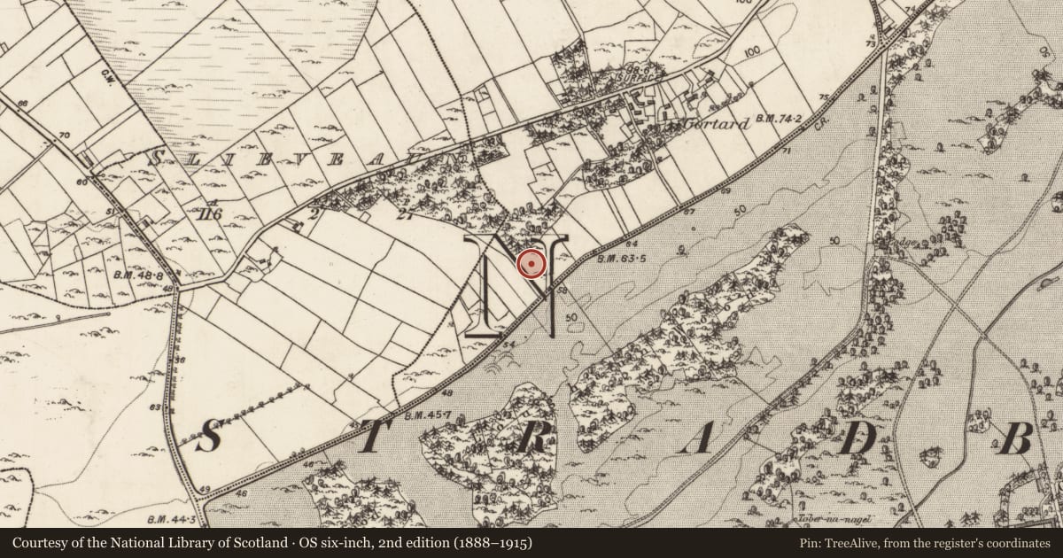 Ordnance Survey six-inch map, 2nd edition (1888–1915) covering the location of Children's burial ground, Gortard, County Galway, with a pin at the register's coordinates