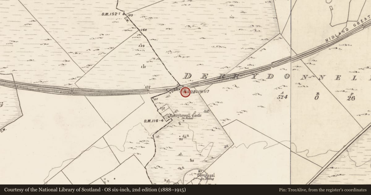 Ordnance Survey six-inch map, 2nd edition (1888–1915) covering the location of Megalithic tomb - unclassified, Derrydonnell More, County Galway, with a pin at the register's coordinates