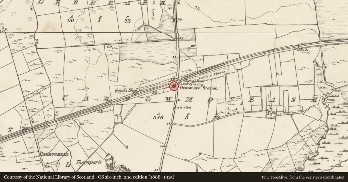 Ordnance Survey six-inch map, 2nd edition (1888–1915) covering the location of Railway station, Carrowmoneash, County Galway, with a pin at the register's coordinates