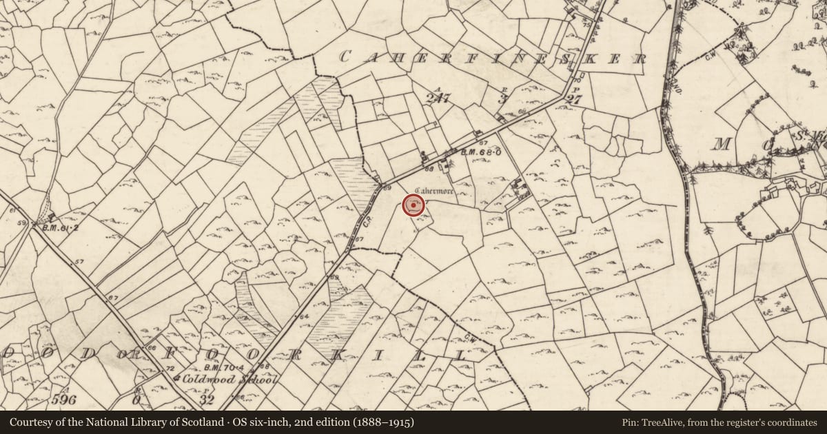 Ordnance Survey six-inch map, 2nd edition (1888–1915) covering the location of Ringfort - cashel, Caherfinesker, County Galway, with a pin at the register's coordinates