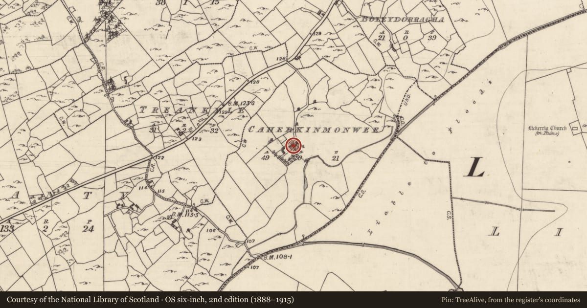 Ordnance Survey six-inch map, 2nd edition (1888–1915) covering the location of Castle - tower house, Caherkinmonwee, County Galway, with a pin at the register's coordinates