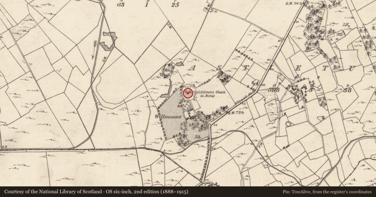 Ordnance Survey six-inch map, 2nd edition (1888–1915) covering the location of Church, Castleturvin, County Galway, with a pin at the register's coordinates