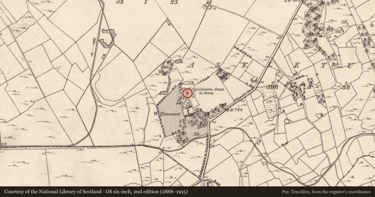 Ordnance Survey six-inch map, 2nd edition (1888–1915) covering the location of Graveyard, Castleturvin, County Galway, with a pin at the register's coordinates