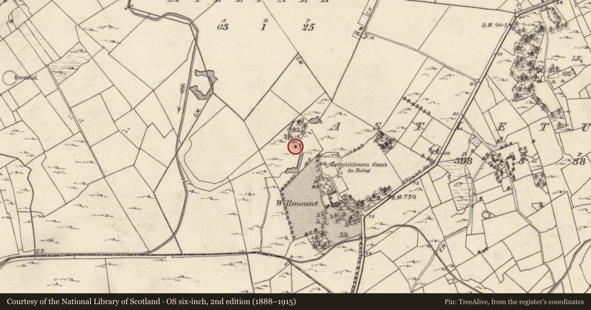 Ordnance Survey six-inch map, 2nd edition (1888–1915) covering the location of Fulacht fia, Castleturvin, County Galway, with a pin at the register's coordinates