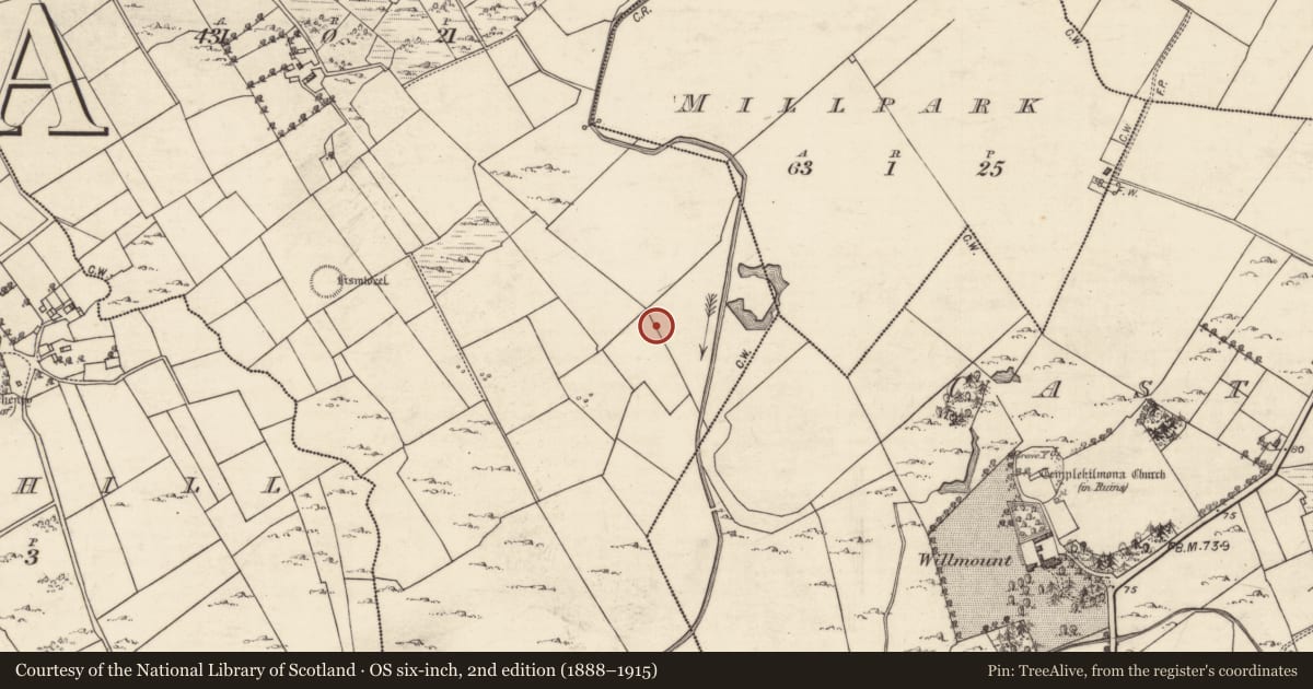 Ordnance Survey six-inch map, 2nd edition (1888–1915) covering the location of Fulacht fia, Cloran, County Galway, with a pin at the register's coordinates