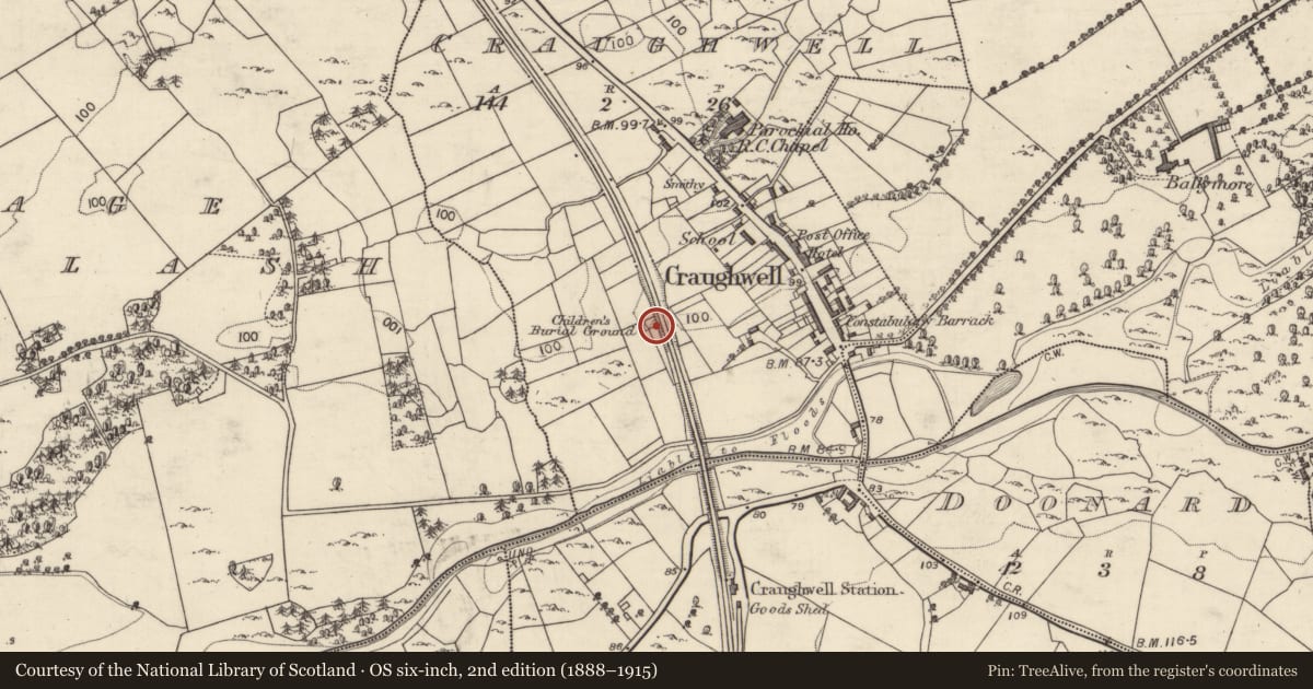 Ordnance Survey six-inch map, 2nd edition (1888–1915) covering the location of Children's burial ground, Craughwell, County Galway, with a pin at the register's coordinates