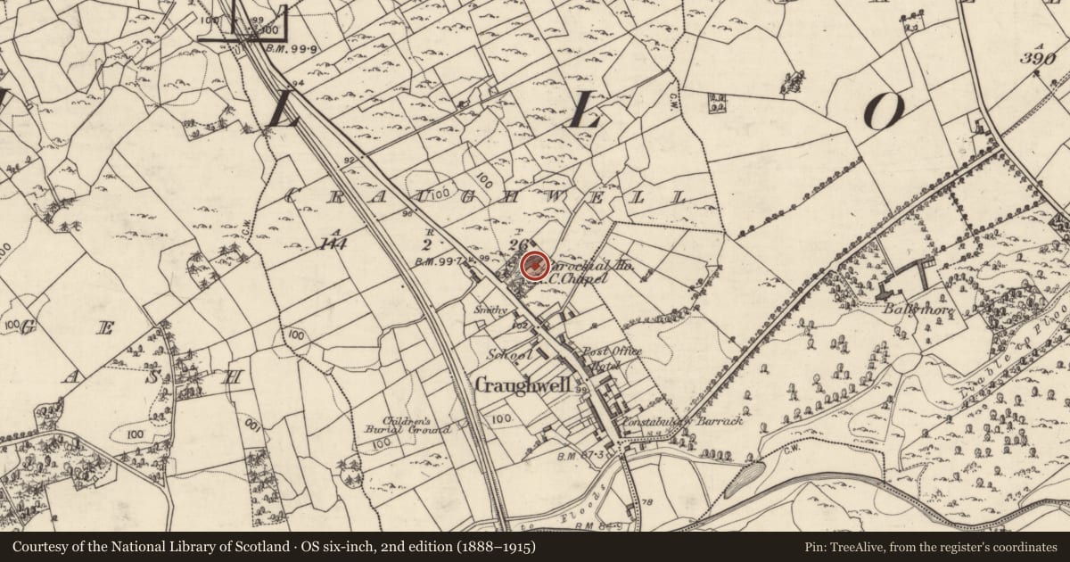 Ordnance Survey six-inch map, 2nd edition (1888–1915) covering the location of Church, Craughwell, County Galway, with a pin at the register's coordinates