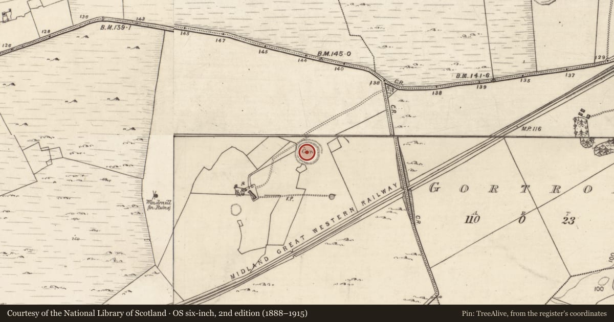 Ordnance Survey six-inch map, 2nd edition (1888–1915) covering the location of Ringfort - rath, Derrydonnell More, County Galway, with a pin at the register's coordinates