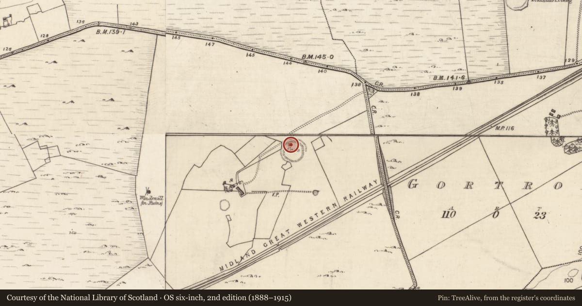 Ordnance Survey six-inch map, 2nd edition (1888–1915) covering the location of Souterrain, Derrydonnell More, County Galway, with a pin at the register's coordinates