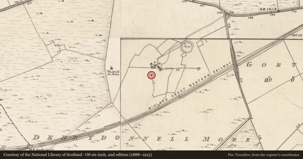 Ordnance Survey six-inch map, 2nd edition (1888–1915) covering the location of Ringfort - rath, Derrydonnell More, County Galway, with a pin at the register's coordinates